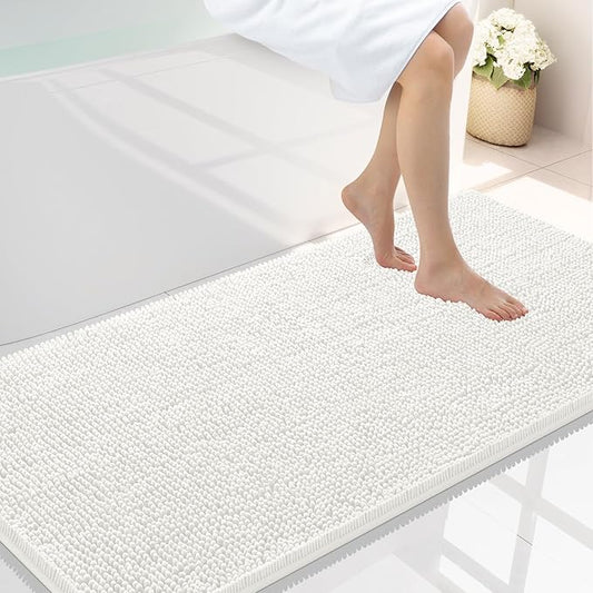 Smiry Luxury Chenille Bathroom Rugs 45x27, Extra Soft and Absorbent Shaggy Bath Mat, Machine Washable, Non-Slip Plush Carpet Runner for Tub, Shower, and Floor, Home Decor Accessories, Ivory