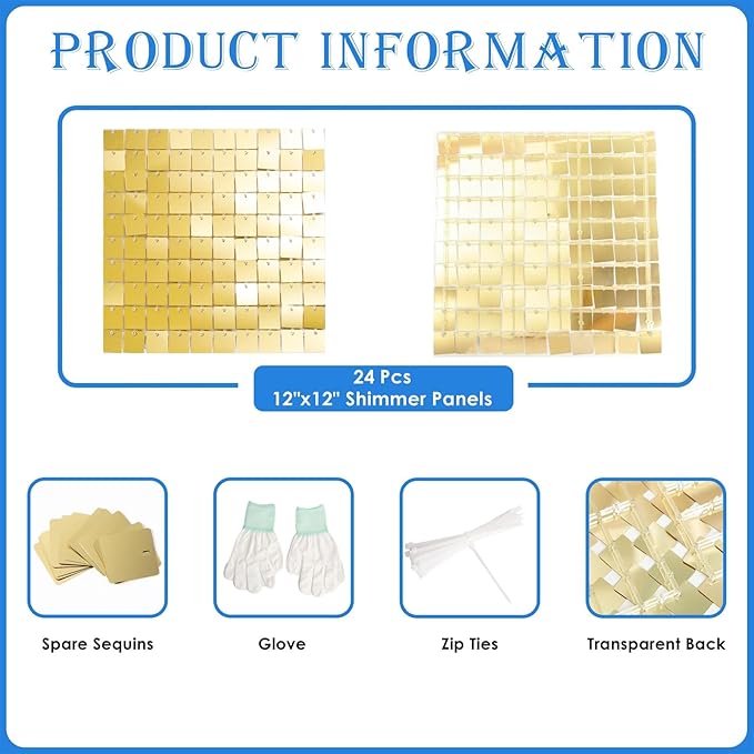 Shimmer Wall Backdrop Light Gold Square Sequin Wall Panel Backdrop Decor for Wedding, Anniversary, Birthday, Party, 24 Panels