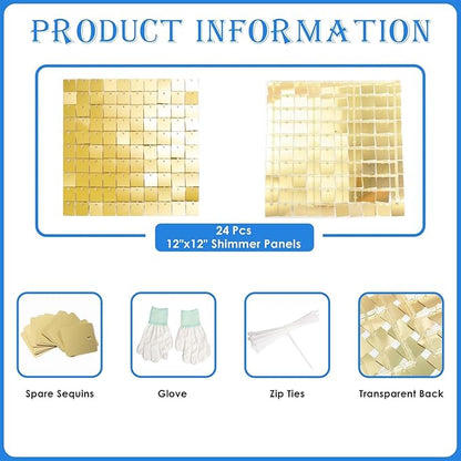 Shimmer Wall Backdrop Light Gold Square Sequin Wall Panel Backdrop Decor for Wedding, Anniversary, Birthday, Party, 24 Panels