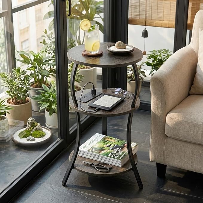 Small Round Side Table with Charging Station, 3-Tier Waist Circular End Table with Storage Shelf, Compact Tea Sofa Side Table Small Spaces, Round Corner Coffee Table for Living Room Bedroon,Grey