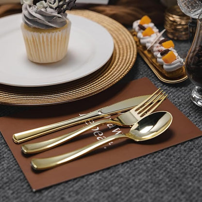 N9R 200PCS Gold Plastic Silverware, Heavy Duty Disposable Cutlery Set for Parties, gold forks and spoons disposable Includes 100 Gold Spoons and 100 Forks for Weddings, Birthday, Dinners