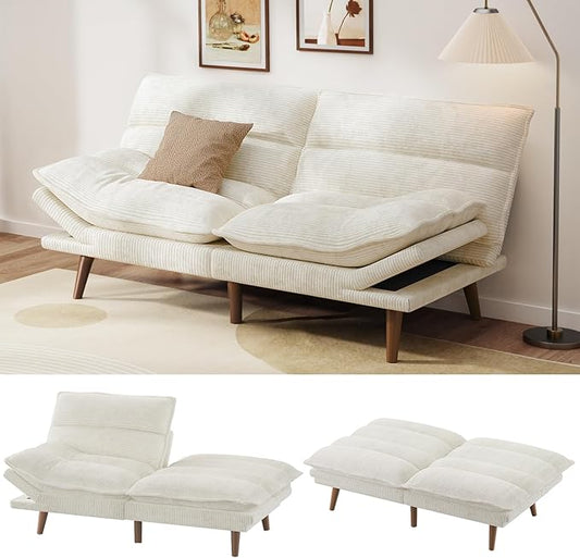 Pipishell Futon Sofa Bed, Convertible Futon Adjustable Backrest & Armrests, Corduroy Sleeper Couch for Small Spaces, Living Room, Office, Guest Room (Pearl White, 66 Inch)