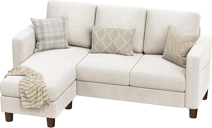 VICTONE Convertible Sectional Sofa Couch, 3 Seat L-Shaped Sofa with Linen Fabric Ottoman Small Couch for Small Apartments, Living Room and Office (Linen Fabric, White)