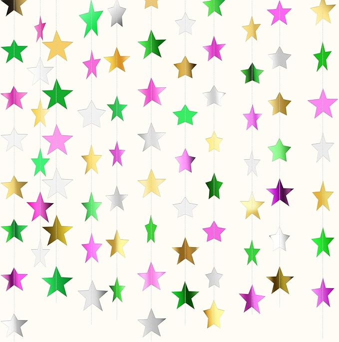 Patelai Glitter Star Garland Banner Christmas Decor 130 Feet Star Hanging Bunting Banner Twinkle Backdrop for Homecoming Classroom Wedding Birthday Halloween Party Supplies(Green,Pink,Gold,Silver)