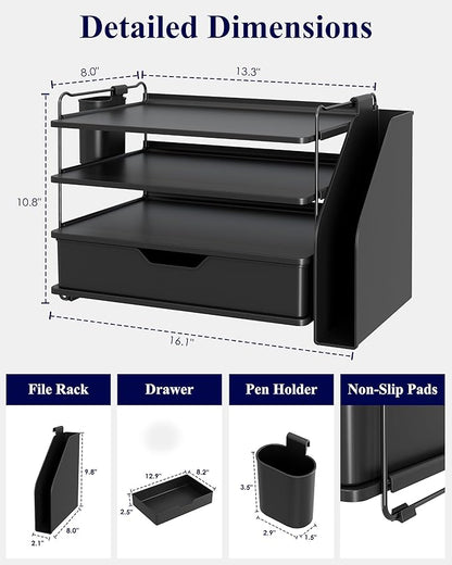 Kitsure Desk Organizer - 4-Tier Office Desk Accessories with Drawer ＆ Pen Holder, Tool-Free Assembly Organizer with Non-Slip Pads, for Office Supplies Storage, Plastic, 13.3" x 8.0" x 10.8", Black