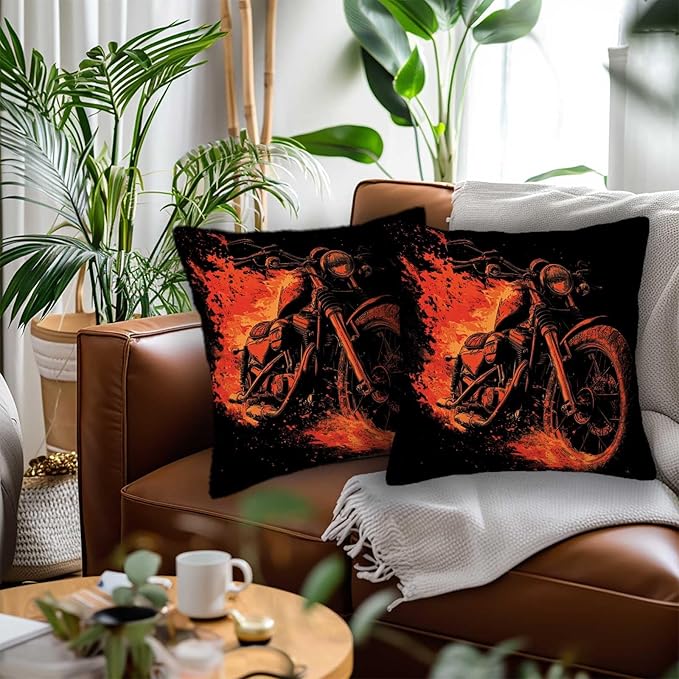 Motorcycle Throw Pillow Covers Set of 2 | 18x18 Inches Cushion Cases for Couch, Sofa, Bedroom and Living Room | Biker Home Decor Pillowcases for All Seasons