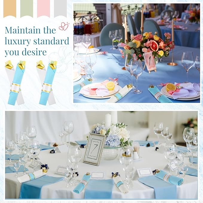 Lasnten 50 Pack Blue Pre Rolled Gold Plastic Silverware Set Disposable Wrapped Plastic Cutlery Set Include Blue and White Napkins Knives Spoons and Forks for Wedding Baby Shower Birthday Party