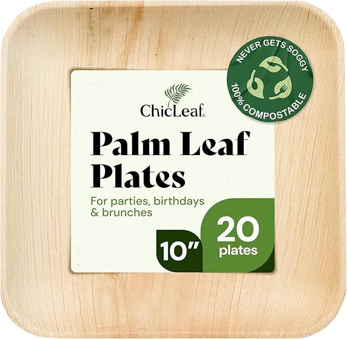 Chic Leaf Palm Leaf Disposable Bamboo Plates – Square, Biodegradable & Compostable Party Plates for Weddings, Parties & Events, Thanksgiving Dinner - Disposable Platter (10", 20 Pack)