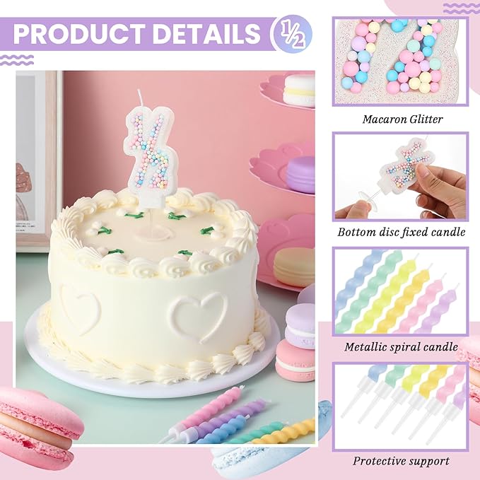 MTLEE Number 1/2 Birthday Candle with 12 Pcs Spiral Candles for Girls Macaron Pastel Rainbow Unicorn Pink Cake Topper for Sweet Theme Party Decoration