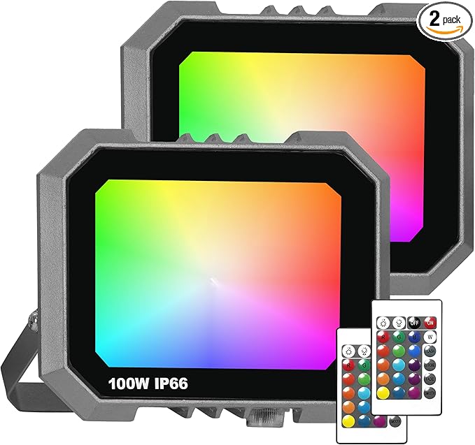 2 Pack RGB LED Flood Light 100W, 1000W Equivalent 10000 LM Outdoor Landscape Flood Lights with 2 Remote, IP66 Waterproof Outdoor Light for Christmas Party Stage Uplight Wall Wash