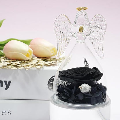 Miofula Preserved Flower Rose Birthday Gifts for Mom, Angels Figurines with Forever Real Rose Gifts for Women Mom Grandma, Angels Gifts for Valentine's Day Anniversary (Black)