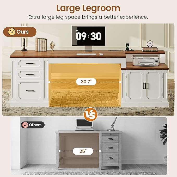 SEDETA 70.9" Executive Desk, Farmhouse Office Desk with Drawers and Storage Cabinet, Power Outlet, Computer Deskfor Home Office, Work Study Writing, White