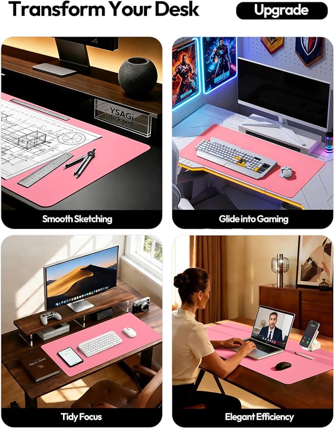 YSAGi Leather Desk Protector, Office Mat, Large Mouse Mat, Non-Slip PU Leather Blotter, Laptop Desk, Waterproof Writing Pad for Office and Home (Pink, 31.5" x 15.8")