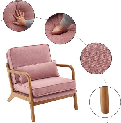 Bonnlo Linen Pink Mid Century Modern Accent Chair, Soild Wood Padding Lounge Armchairs Side Sitting Chairs for Living Room, Bedroom, Guest Room