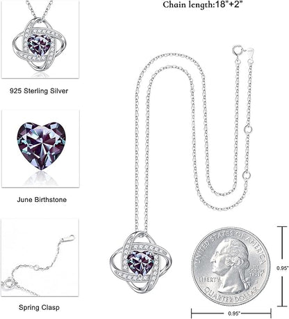 Iefil 925 Sterling Silver Love Knot Birthstone Necklace, Natural or Created Gemstone, Anniversary Birthday Gifts for Women, Jewelry Gifts for Wife Mom Girlfriend