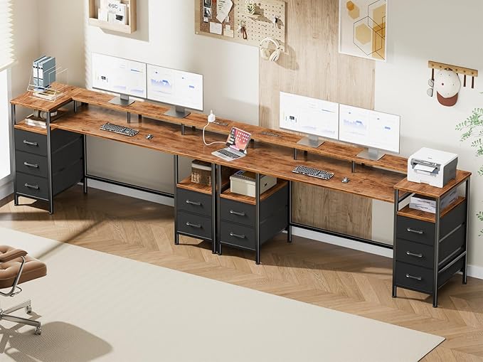 61 Inch Gaming Desk with Power Outlets and LED Lights, Reversible Computer Desk with 5 Fabric Storage Drawers, Home Office Desk with Monitor Stand for Working Writing Study, Rustic Brown