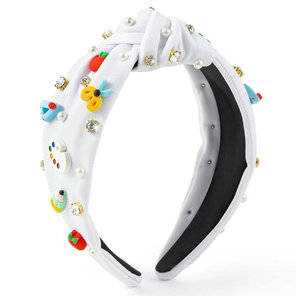 PANTIDE Teacher Jeweled Knotted Headband - Christmas Gift Apple Pencil Rhinestone Pearl Embellished Headband Wide Top Knot Hair Accessories Teacher Appreciation Birthday for Women Girls (White)