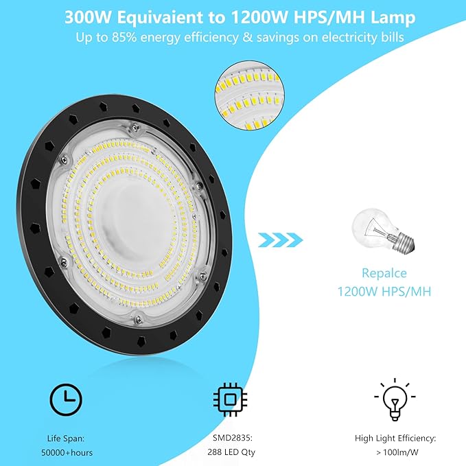 10 Pack UFO LED High Bay Light 100W, 10000LM LED Shop Light with 4ft 110V Plug Cable, 6500K Bay Lighting IP65 Waterproof for Barn/Garage