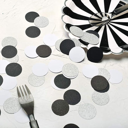 Glitter Confetti Circle Dots for Table Wedding Birthday Party Decoration, 1.2 inch in Diameter (silver glitter,black,white,200pc)