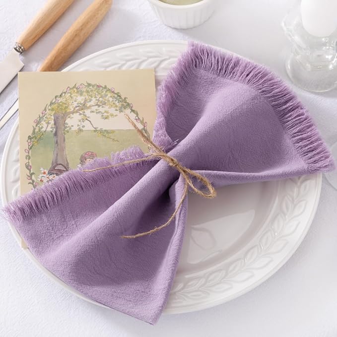 12 Pack Purple Cotton Linen Napkins with Fringe Christmas Cloth Napkins Set of 12 Boho Handmade Holiday Napkins Bulk for Wedding Bridal Baby Shower Xmas Dinner Table Parties, 17 x 17 Inches