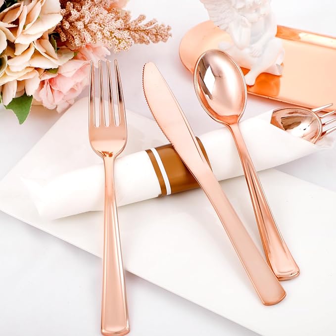 Liacere 100Pack Rose Gold Plastic Silverware - Pre Rolled Napkins with Rose Gold Cutlery - Wrapped Silverware Set Disposable100 Forks Knives Spoons Wrapped Utensils for Wedding＆Valentine's Day