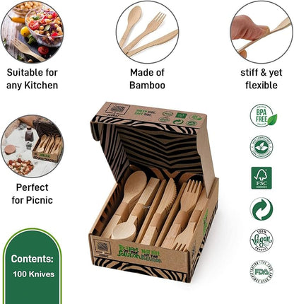 2ZEBRAZ Bamboo Cutlery Set – 100 Disposable Knives | Reusable Smooth Flatware, Heavy-Duty Natural Utensils for Dining and Entertaining
