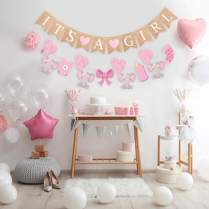 2 Pcs Baby Girl Shower Decorations Pre-Strung It's A Girl Burlap Banner and Elephant Baby Banner for Gender Reveal Birthday Shower Party Decorations