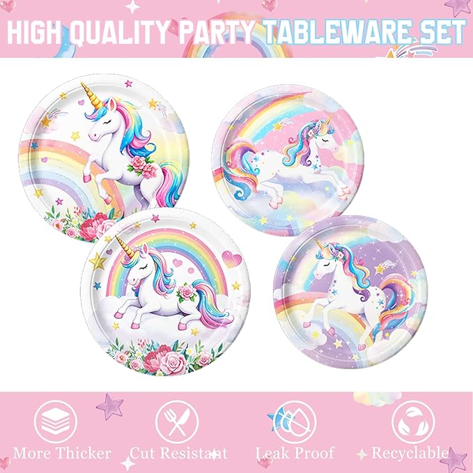 Unicorn Birthday Decorations Includes Plates, Napkins, Cups, Cutlery, Hanging Swirls, Banner, Cake & Cupcake Toppers, Balloons, Tablecloths for Rainbow Girls Birthday Party Decorations, Serve 20