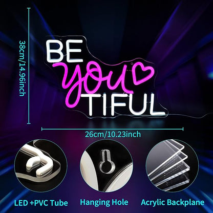 Be You Tiful Neon Sign, JGHTURIE Pink Led Neon Signs for Wall Decor Light Up Sign Preppy Girls Room Salon Party Gift Decor USB Powered