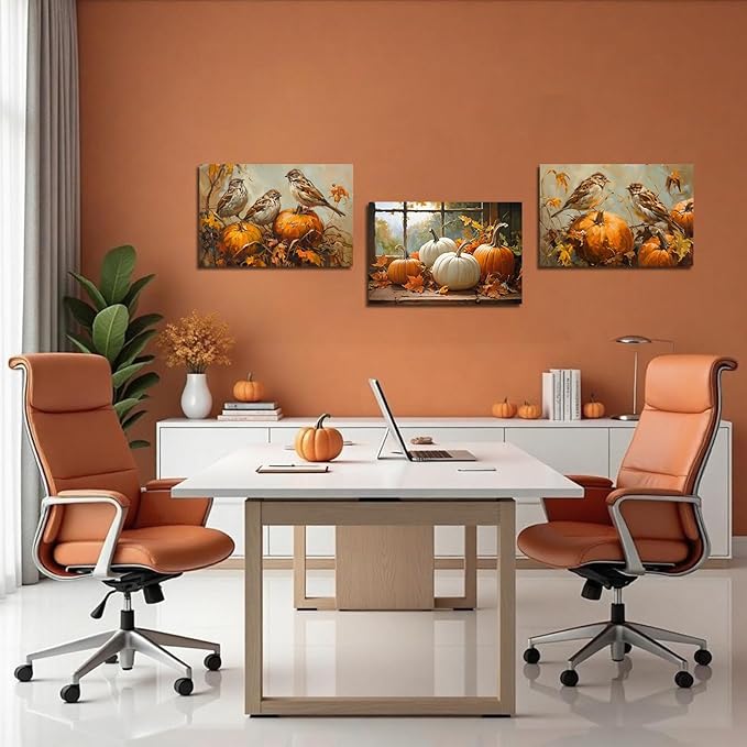 YMXDYMJSW Autumn Wall Art 3 Pieces Pumpkin with Sparrows Picture Prints Fall Harvest Birds Canvas Painting Thanksgiving Theme Artwork for Farmhouse Decor Frame (Gold,20.00" x 28.00" x 3PCS)