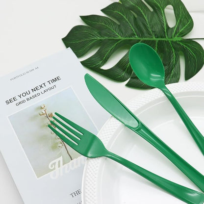 300 PCS Green Plastic Silverware Heavy Duty Disposable Green Utensils Sets Include 100 Plastic Forks, 100 Knives, 100 Spoons for Birthday, Picnic, Christmas, St. Patrick's Day