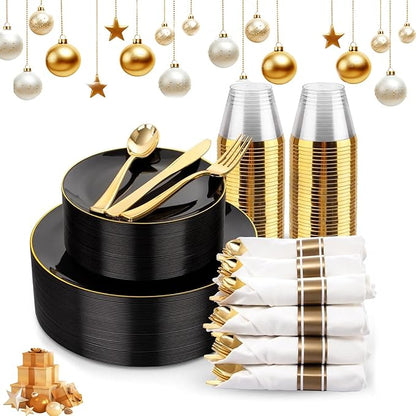 KIRE 175Pcs Black Plates Disposable - Heavy Duty Black and Gold Plastic Plates- 25 for Dinner 25 for Dessert 25 Pre Rolled Gold Silverware and 25 Cups for New Year/Birthday Party
