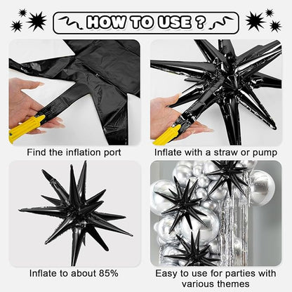 Black Star Balloons,9Pcs 22Inch Black Explosion Spike Cone Helium Polyester Film Star Foil Balloons for Birthday Anniversary Baby Shower Wedding Disco Party Decorations