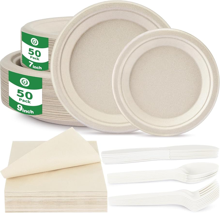 300Pack Disposable Paper Plates and Cutlery Set - Includes 50PCS 7-inch and 9-inch Platters, 50 sets of Disposable Cutlery and Napkins - 100% Compostable Tableware Set for 50 Guests Service