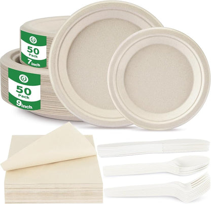 300Pack Disposable Paper Plates and Cutlery Set - Includes 50PCS 7-inch and 9-inch Platters, 50 sets of Disposable Cutlery and Napkins - 100% Compostable Tableware Set for 50 Guests Service