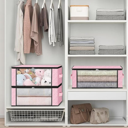 HomeHacks Storage 3-Pack Clothes Organizer Storage Bags Foldable Storage Box with Large Clear Window Sturdy Handles for Closet, Dorm, Pillows, Bedding, Clothes, Blankets, 35L, Pink