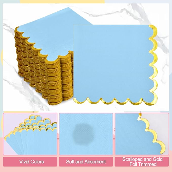 200 Pack Blue Paper Napkins Gold Foil Scalloped Cocktail Napkins Blue Disposable Beverage Napkins for Blue Themed Party Supplies Birthday Baby Shower Wedding Dinnerware Tableware Decorations