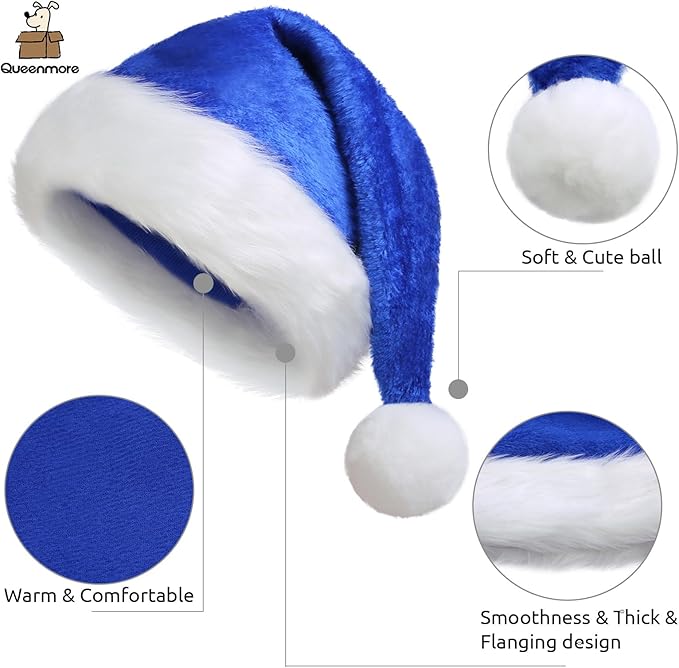 Queenmore Adult's Christmas Santa Claus Hat, Plush Santa Cap, Velvet Headwear, Lined and Fabric-Shedding Resistant