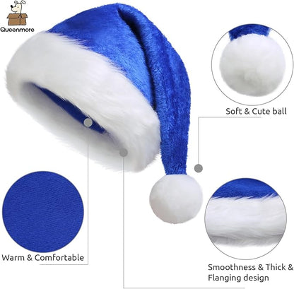 Queenmore Adult's Christmas Santa Claus Hat, Plush Santa Cap, Velvet Headwear, Lined and Fabric-Shedding Resistant