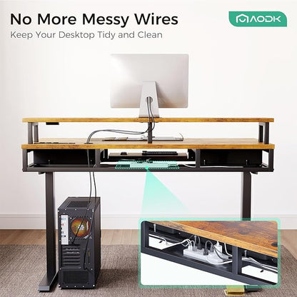 AODK Electric Standing Desk with Drawers & Keyboard Tray, 63 Inch Height Adjustable Gaming Desk with Power Outlets & LED Lights, Sit Stand Table with Monitor Stand for Home, Office, Rustic Brown