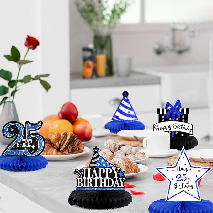 Happy 25th Birthday Decorations,25th Bday Blue Glitter Shiny Stand Honeycomb Table Centerpieces - Cheers to 25 Years Old Birthday Party Photoprop Gift Sign.