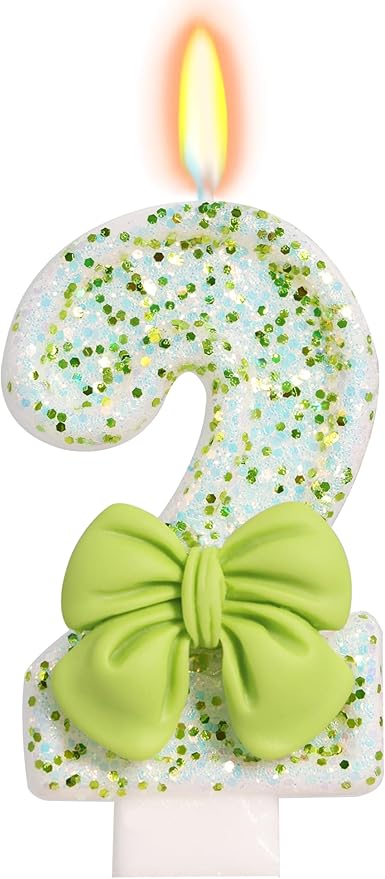Birthday Candle for Cake, Green Bow Number Cake Candles, 2.76 inch Cake Topper Decoration for Birthday Party (Number 2)