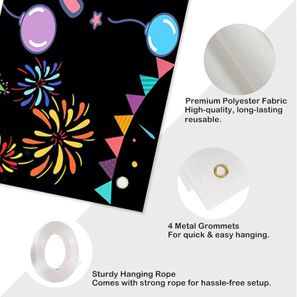 Nuxovilar Happy Birthday Banner Decorations 17.72x78.74 Inch Colorful Fireworks Theme - Polyester for Indoor Outdoor Birthday Party Decor