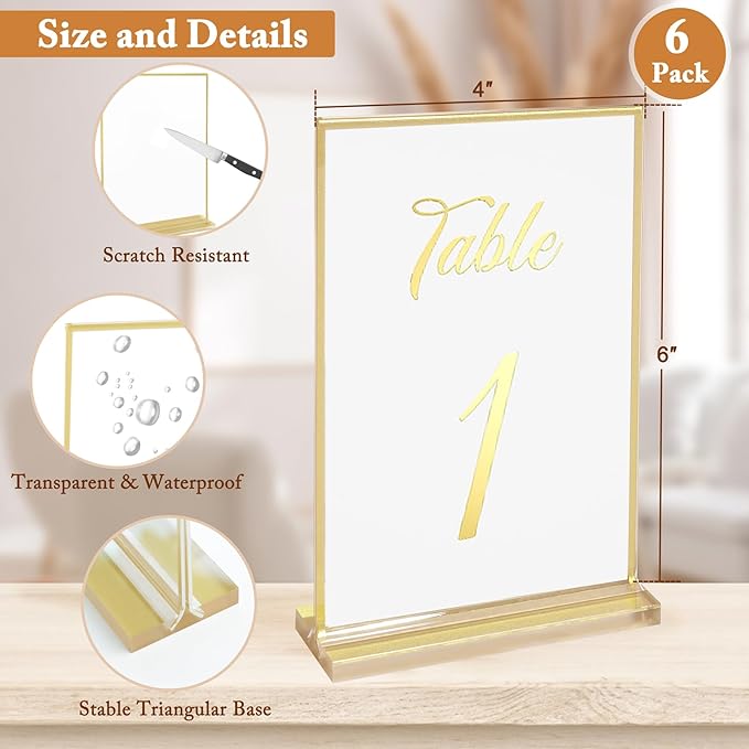 Floroom 6 Pack 4x6 Inch Clear Acrylic Sign Holders, Double-Sided Gold Display Stand Picture Frames for Table Numbers, Menus, Flyers, Weddings, and Offices