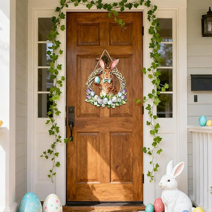 Kercan Easter Bunny Door Sign, Happy Easter Eggs Wooden Hanging Decorations Hanging Plaque Bunny Rabbit Sign Wall Hanger Floral Spring Decor for Front Door Porch Yard Wall Home Decorations