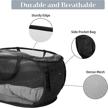 4 Pack Collapsible Laundry Baskets, Foldable Laundry Basket with Pocket, Durable Pop Up Hampers, Reinforced Handles Dirty Clothes Hamper for Laundry, Bedroom, Bathroom, Dorm, Travel or Camping Black