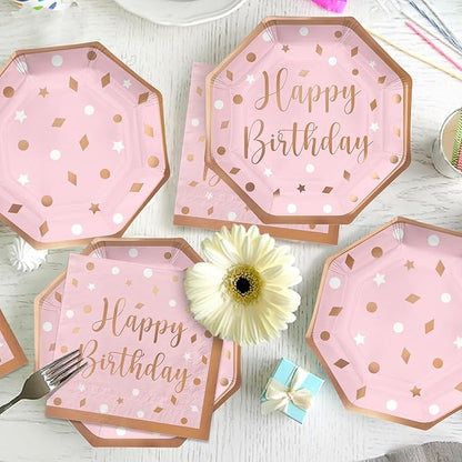 Rose Gold Birthday Party Supplies - Disposable Paper Plates, Napkins, Cups, Tablecloth & Banner for Girl/Women Celebration, Serves 25 - Decorate with Our Rose Gold Plates and Napkins Set