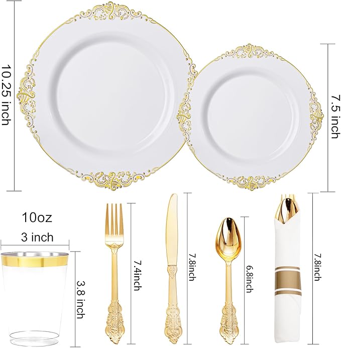 Nervure 700PCS Gold Plastic Plates - Gold Plastic Dinnerware Sets for 100 Guests - 200 Disposable Plates, 300 Silverware, 100 Cups, 100 Napkins for Wedding & Party & Thanksgiving
