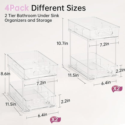 Delamu 2 Tier Snap-Lock Bathroom Under Sink Organizers and Storage, Multi-Purpose Cabinet Drawers with Movable Dividers, Pull Out Organization for Countertop, Kitchen and Pantry(Clear, 4 Pack)