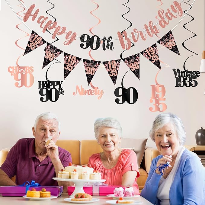 90th Birthday Decorations for Women, Black Rose Gold Happy 90th Birthday Banner Hanging Swirls Vintage 1935 Birthday Decorations Kit Cheers to 90 Birthday
